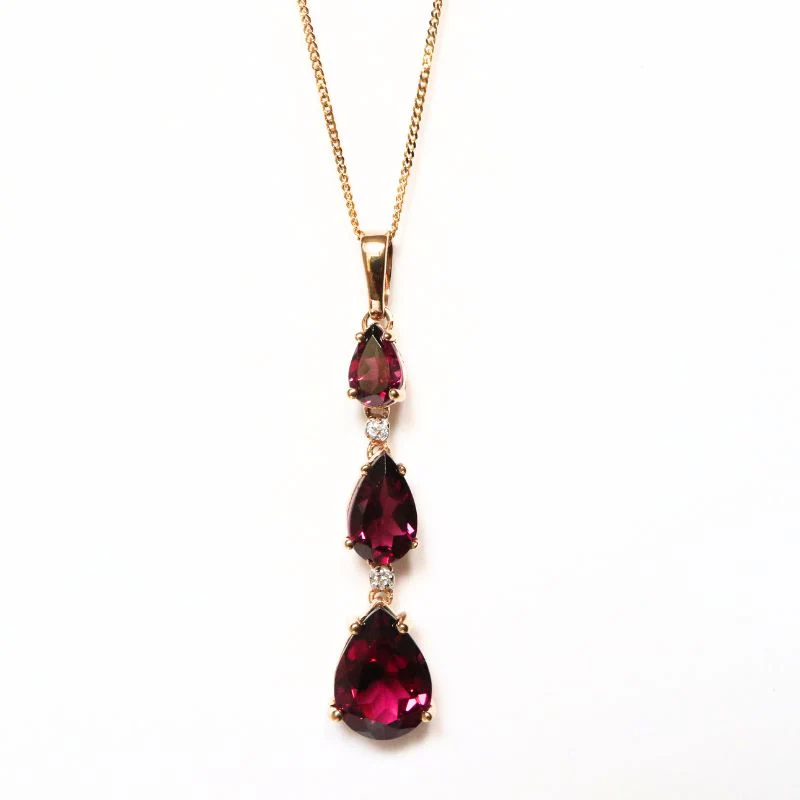 9ct Rhodalite Garnet & Diamond Triple Teardrop Pendant