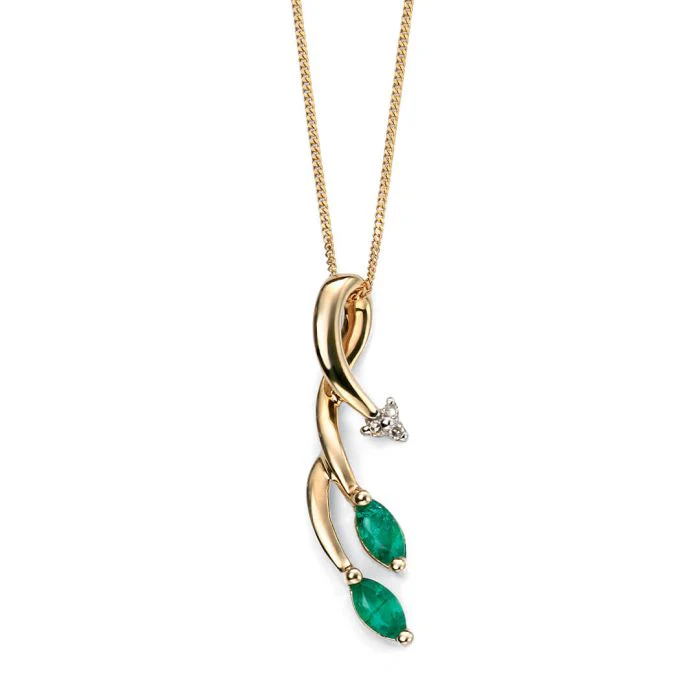 9ct Gold Emerald with Diamond Curling Vine Pendant