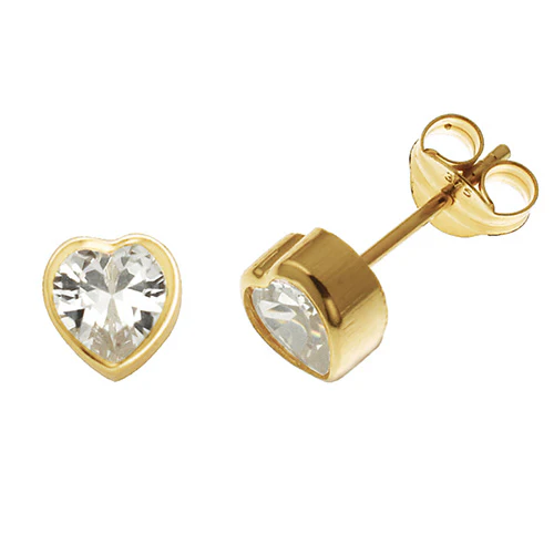 9ct Gold Heart Shaped CZ Rubover Stud Earrings 5 mm