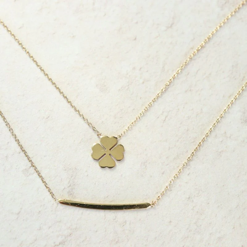 9ct Gold Layered Necklace with Bar and Clover