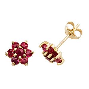 9ct Gold Ruby Flower Earrings