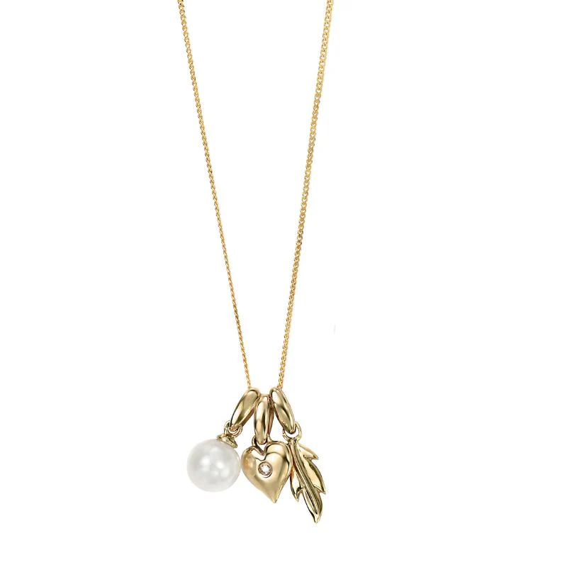 9ct Gold Triple Charm Pendant - Leaf, Heart and Pearl