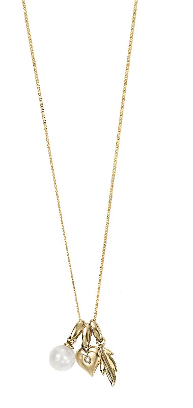 9ct Gold Triple Charm Pendant - Leaf, Heart and Pearl - Image 2