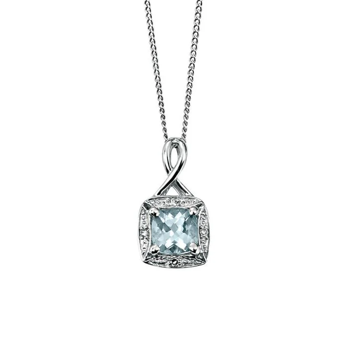 9ct White Gold Aquamarine & Diamond Pendant with Twisted Bale