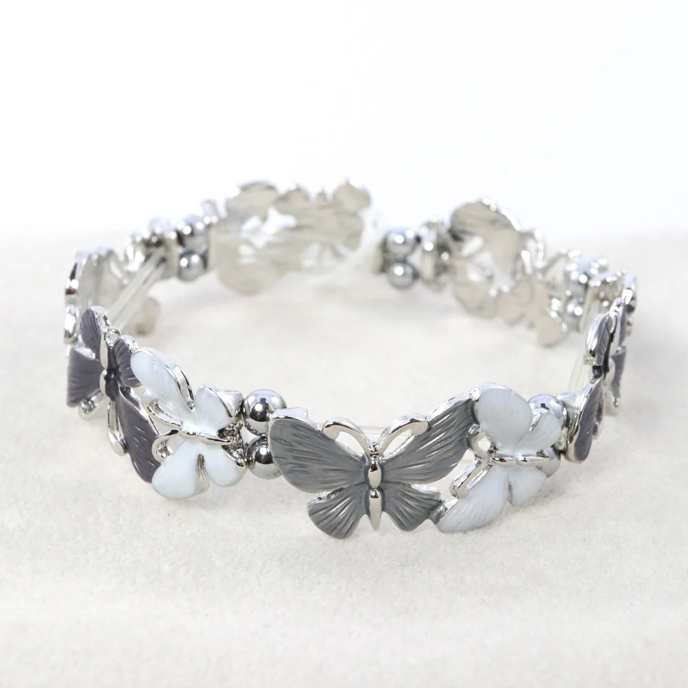 Elasticated Magnetic Hematite Bracelet Grey Butterflies