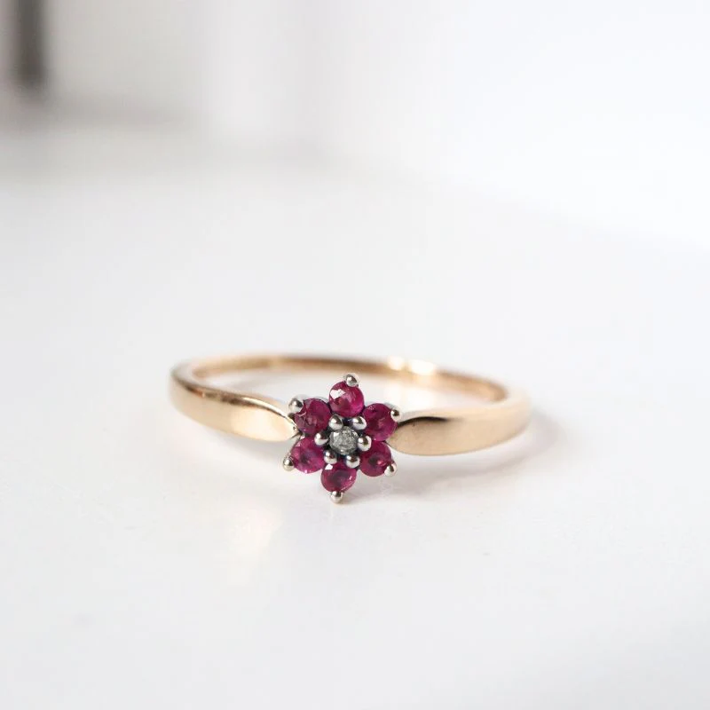 Gold Ring with Ruby and Diamond Flower Cluster - Image 2