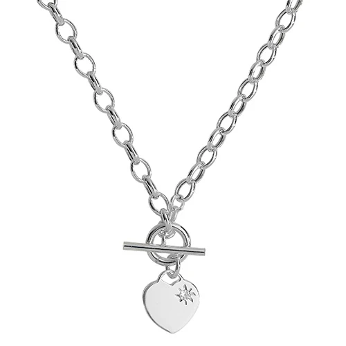 Ladies Silver T-Bar CZ Heart Charm Necklace