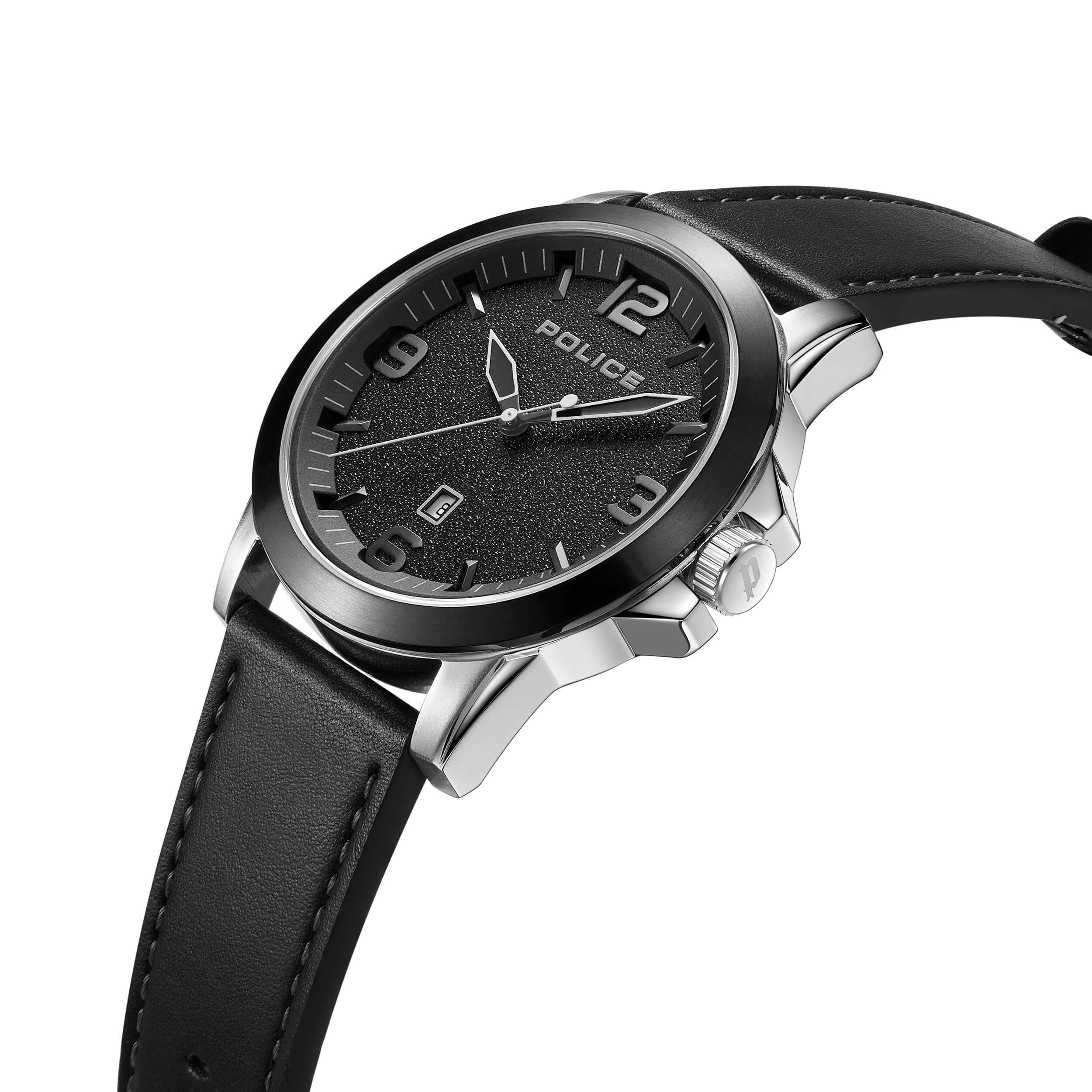 Men's Police Cliff Watch Black Leather Strap Silver Case - Image 2