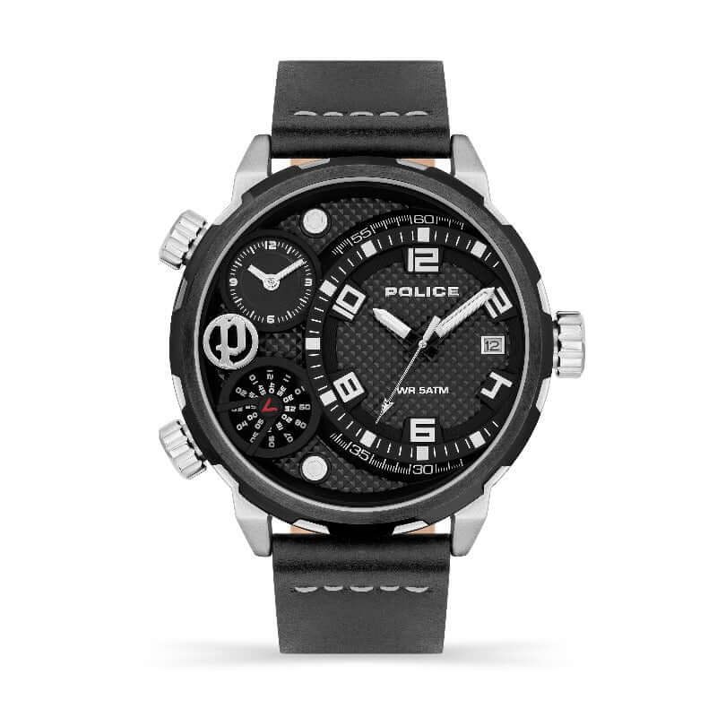 Men's Police Ray Multi Dial Black Leather Strap Watch