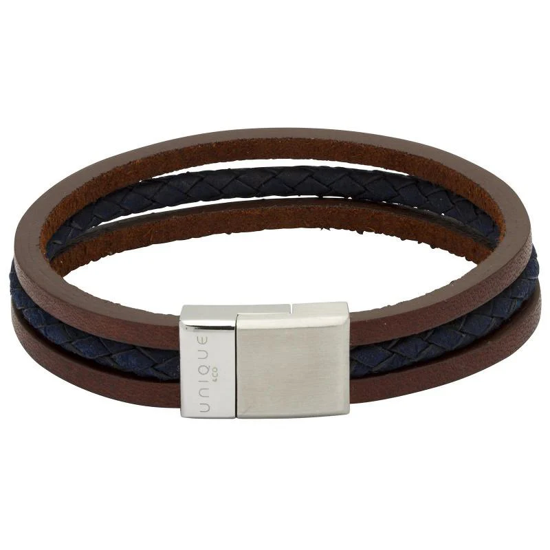 Men's Triple Stranded Leather Bracelet in Brown and Blue