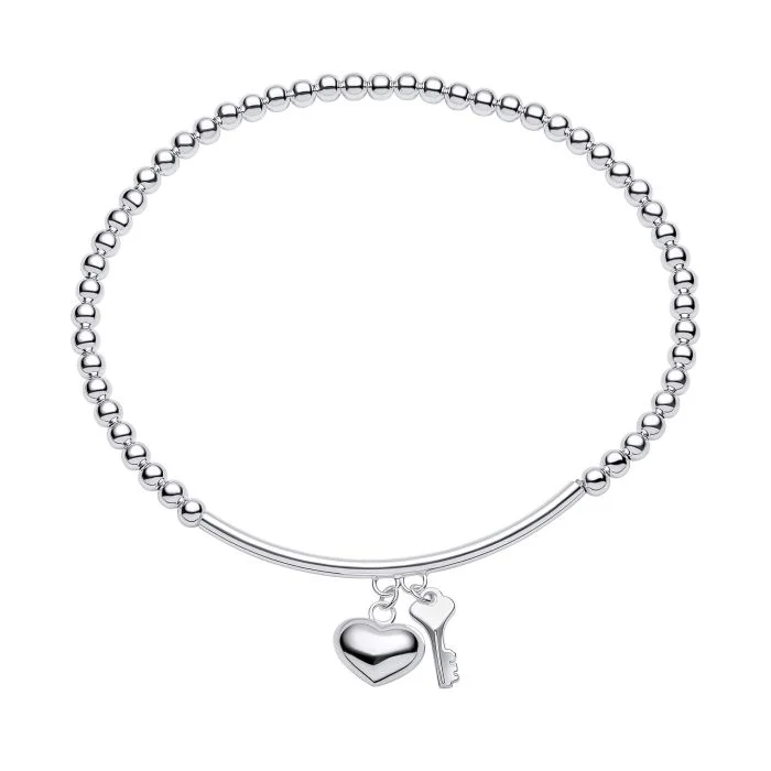 Silver Beaded Stretch Bracelet with Heart & Key Charms