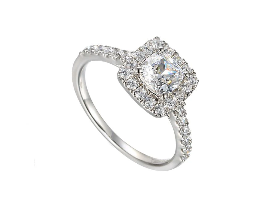 Silver Cushion Cut CZ Halo Cluster Ring
