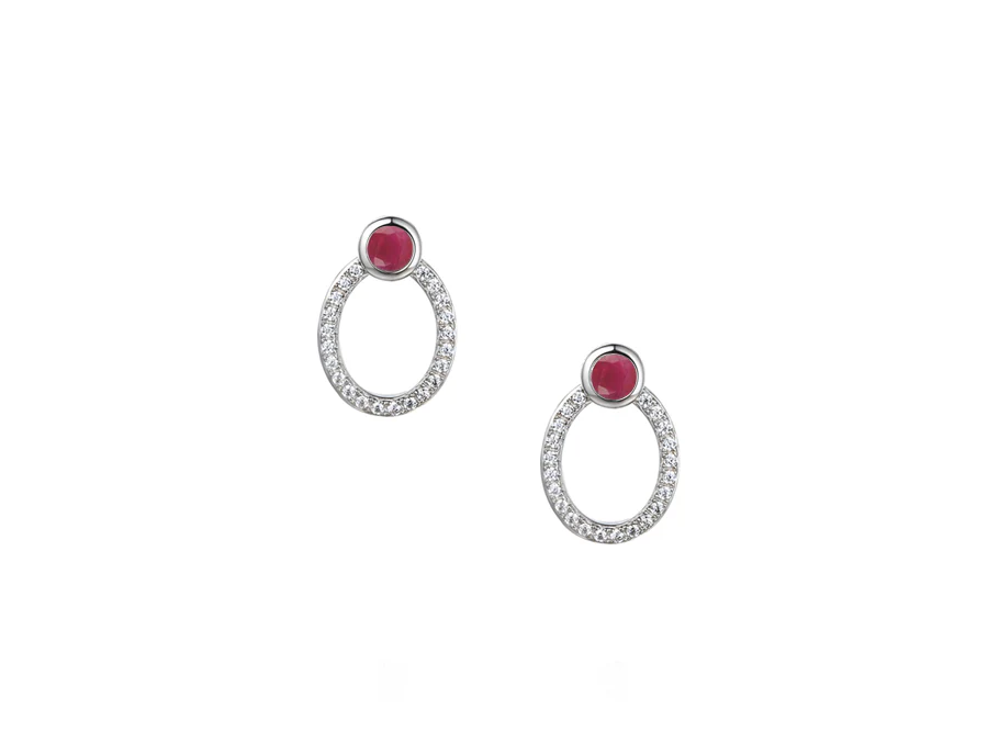 Silver CZ Encrusted Oval Earrings with Ruby