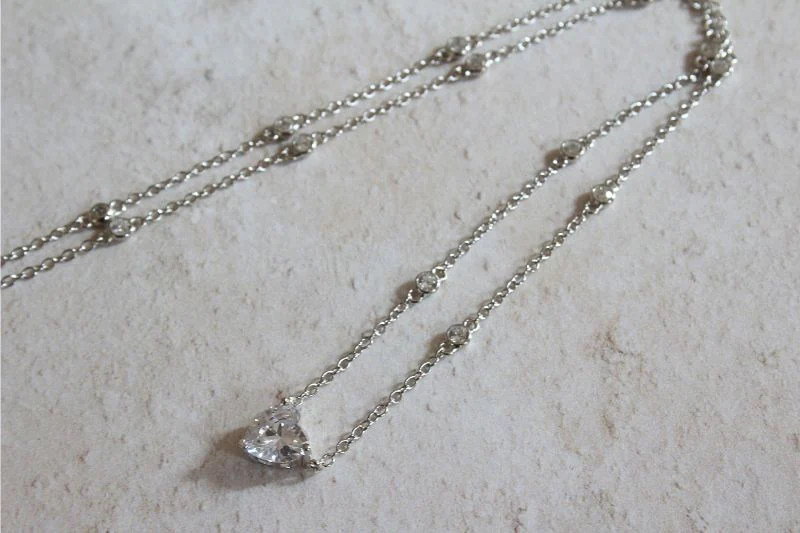 Silver CZ Heart Necklace with Bobble Chain - Image 2