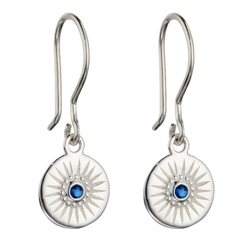 Silver Disc Drop Earrings with Blue Crystal