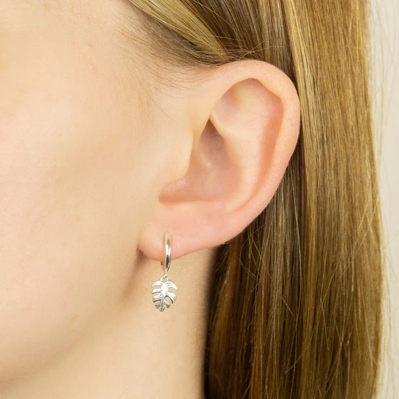 Silver Hoop Earrings with Palm Leaf Charm - Image 2