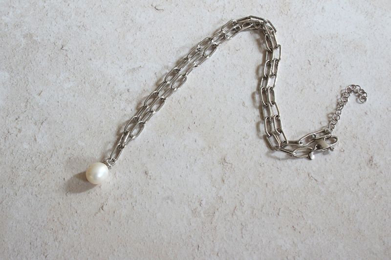 Silver Oval Link Necklace with Pearl Drop - Image 2
