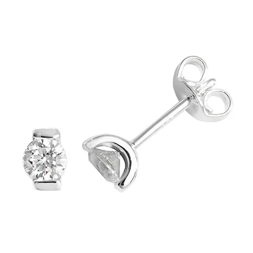 Silver Part Bezel Set CZ Stud Earrings