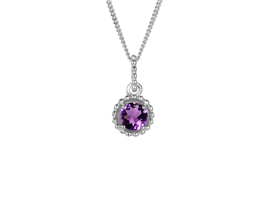 Silver Round Amethyst Pendant with Beaded Halo