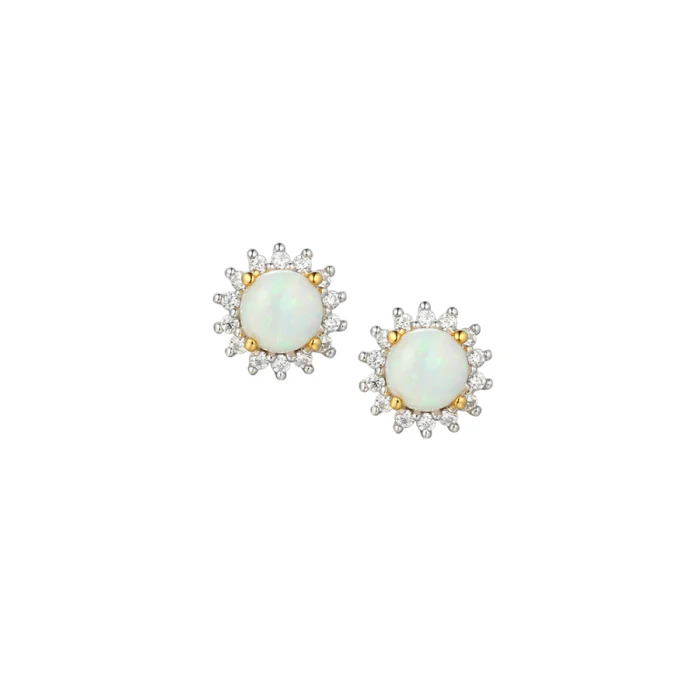Silver Round Cluster Opal Stud Earrings with CZ's