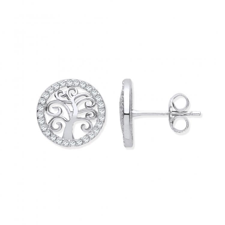 Silver Sacred Tree Stud Earrings with Cubic Zirconia