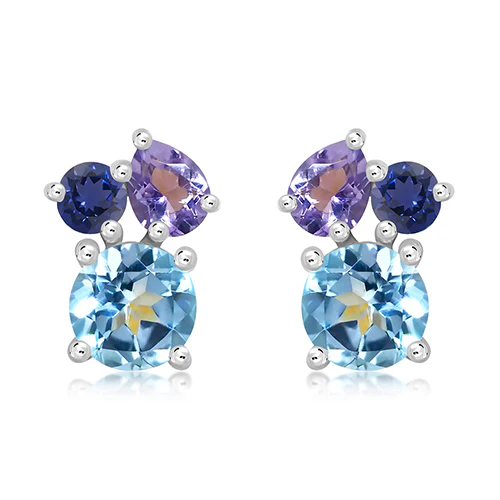Silver Stud Earrings with Amethyst, Blue Topaz & Iolite