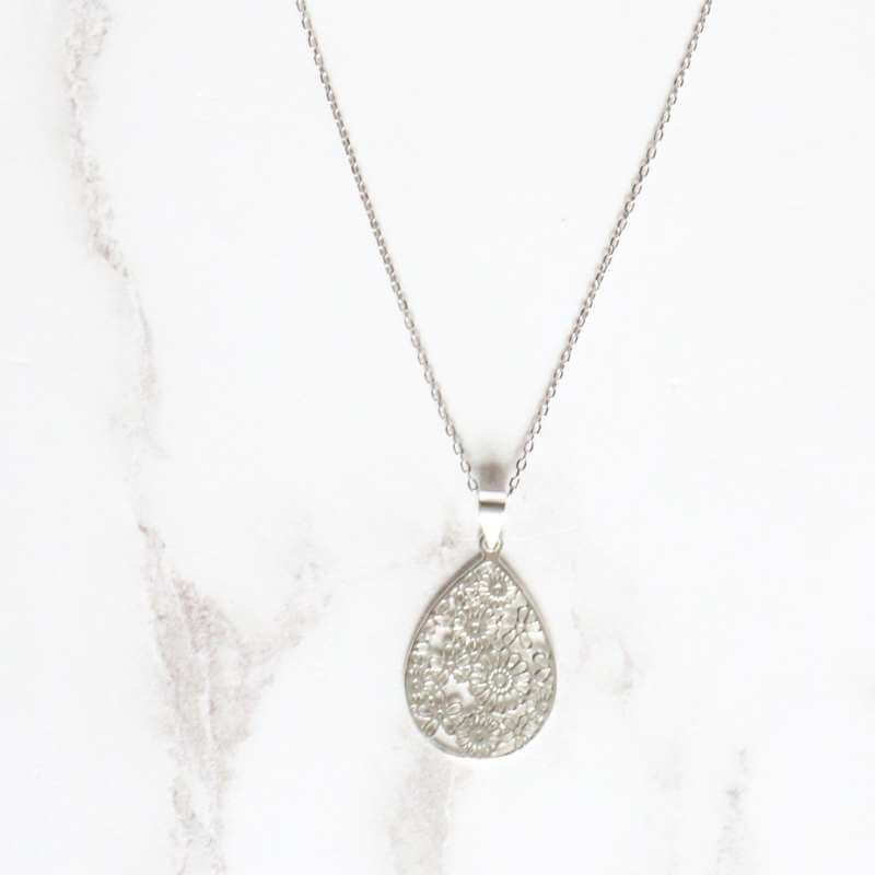 Silver Teardrop Filigree Flower Pendant