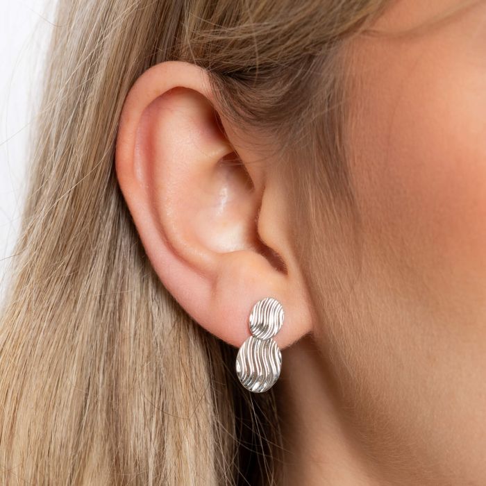 Silver Wavy Textured Double Drop Earrings - Image 2