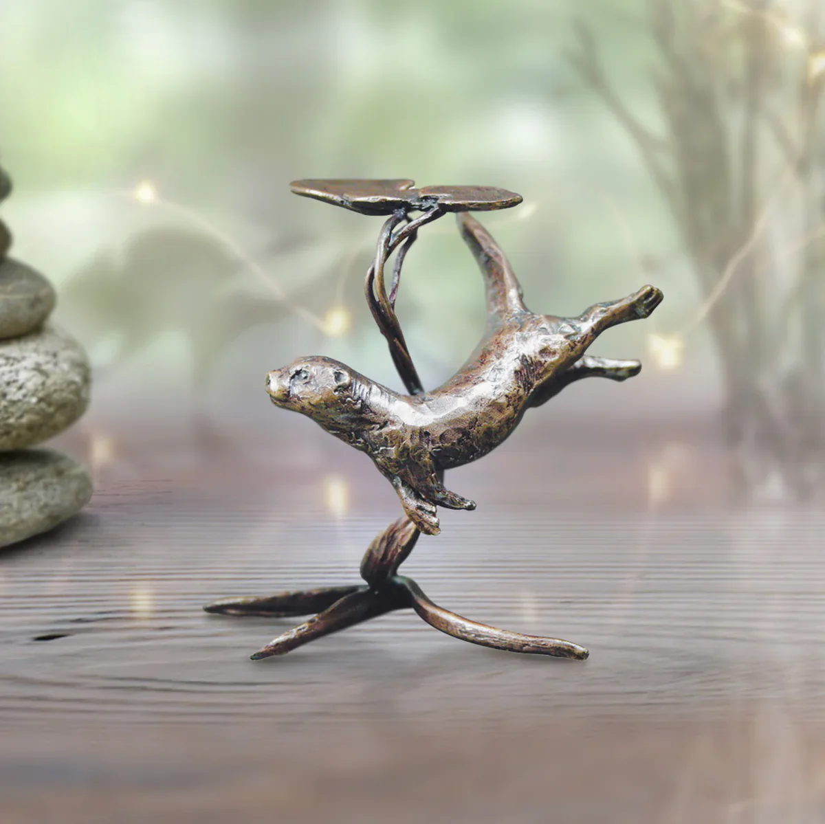 Solid Bronze Miniature Sculpture of Pair of Otters